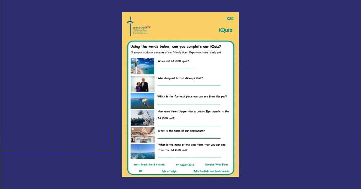 British Airways i360 Key Stage 1 Question Sheet Teaching Resource Profile Image