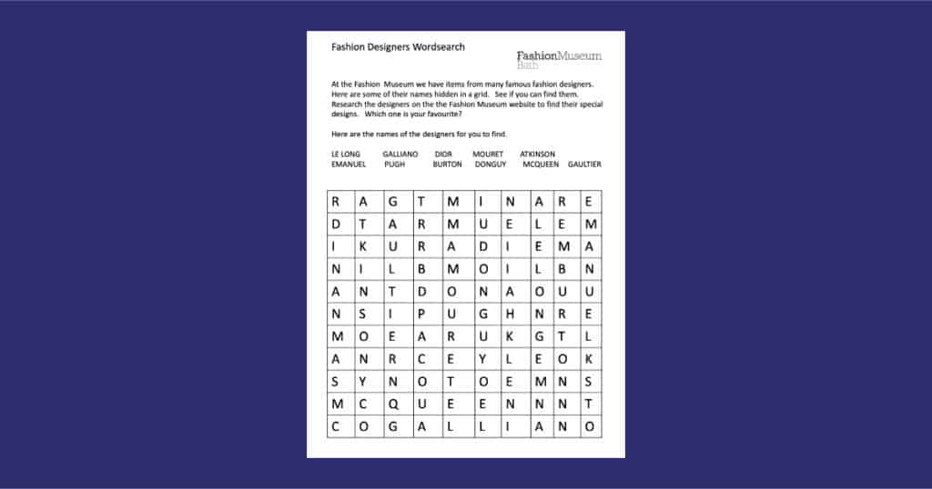 Fashion Museum Bath Wordsearch Resource