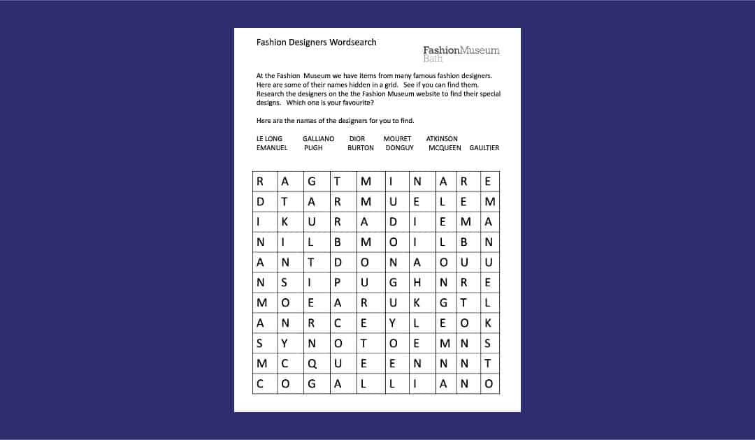 Fashion Museum Bath Word Search