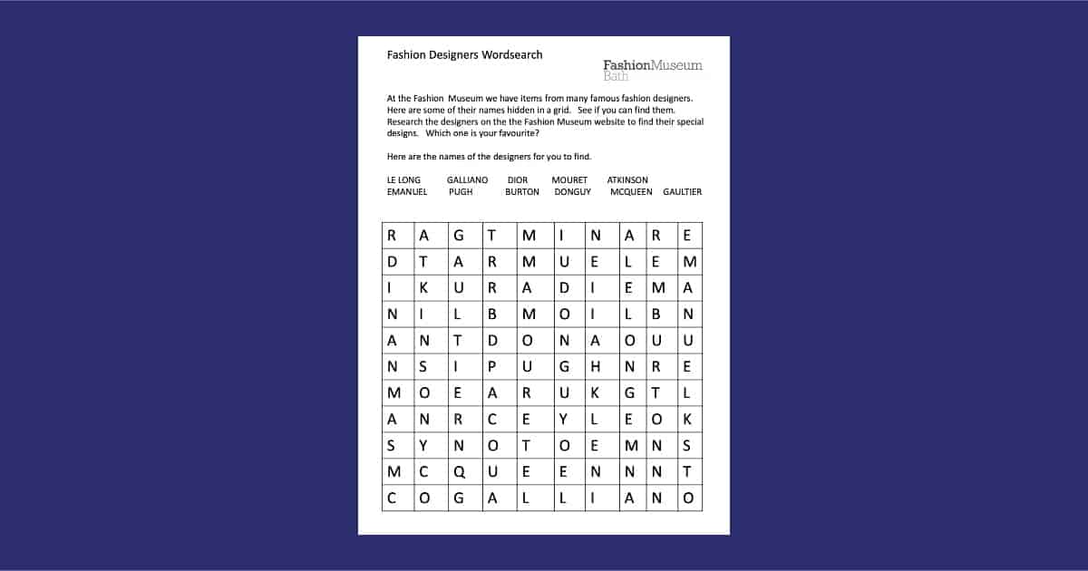 Fashion Museum Bath Wordsearch Resource