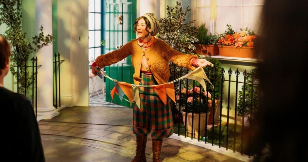 Mrs. Brown with bunting in The Paddington Bear Experience